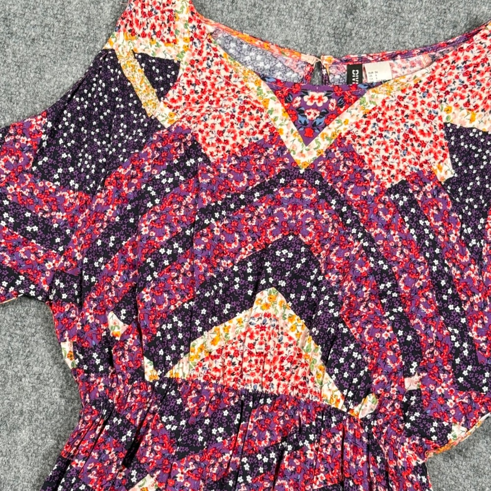 H&M Divided Floral Print Dress Cold Shoulder Mini Colorful size 6 Boho Festival